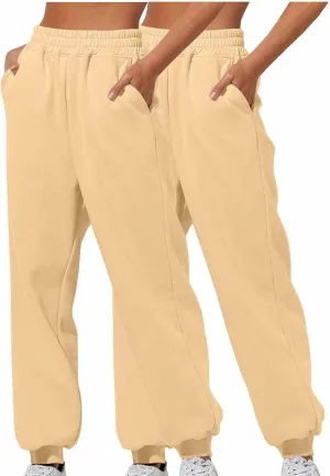 2 Pack Womens Casual Baggy Fleece Sweatpants High Waisted Jogging Running Pants Cinch Bottom Cotton Lounge Joggers