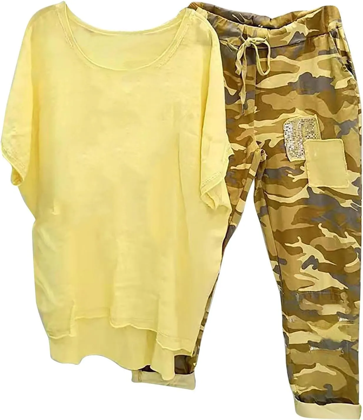 2 Piece Linen Sets for Women 2025 Resort Wear Oversized Crewneck Linen T Shirts Camouflage Print Sweatpants Pockets