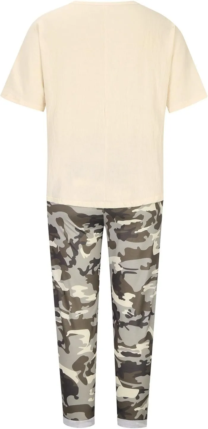 2 Piece Linen Sets for Women 2025 Resort Wear Oversized Crewneck Linen T Shirts Camouflage Print Sweatpants Pockets