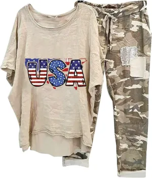 2 Piece Linen Sets for Women 2025 Resort Wear Oversized Crewneck Linen T Shirts Camouflage Print Sweatpants Pockets