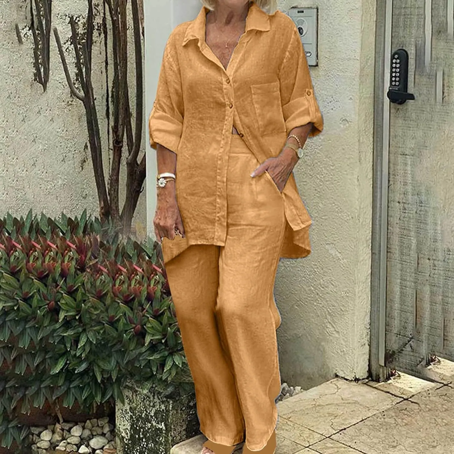 2 Piece Outfits for Women Cotton Linen Sets Plus Size Casual Loose Fit Tops Drawstring Camo Pants Tracksuit Set
