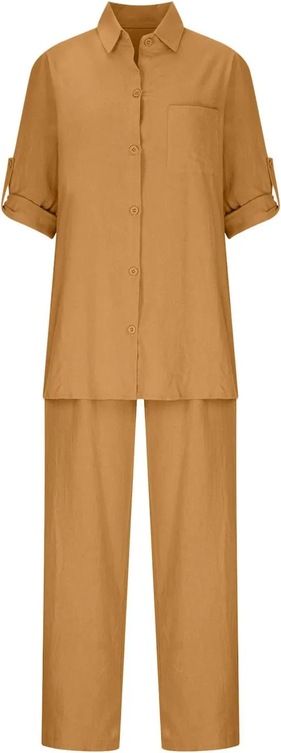 2 Piece Outfits for Women Cotton Linen Sets Plus Size Casual Loose Fit Tops Drawstring Camo Pants Tracksuit Set