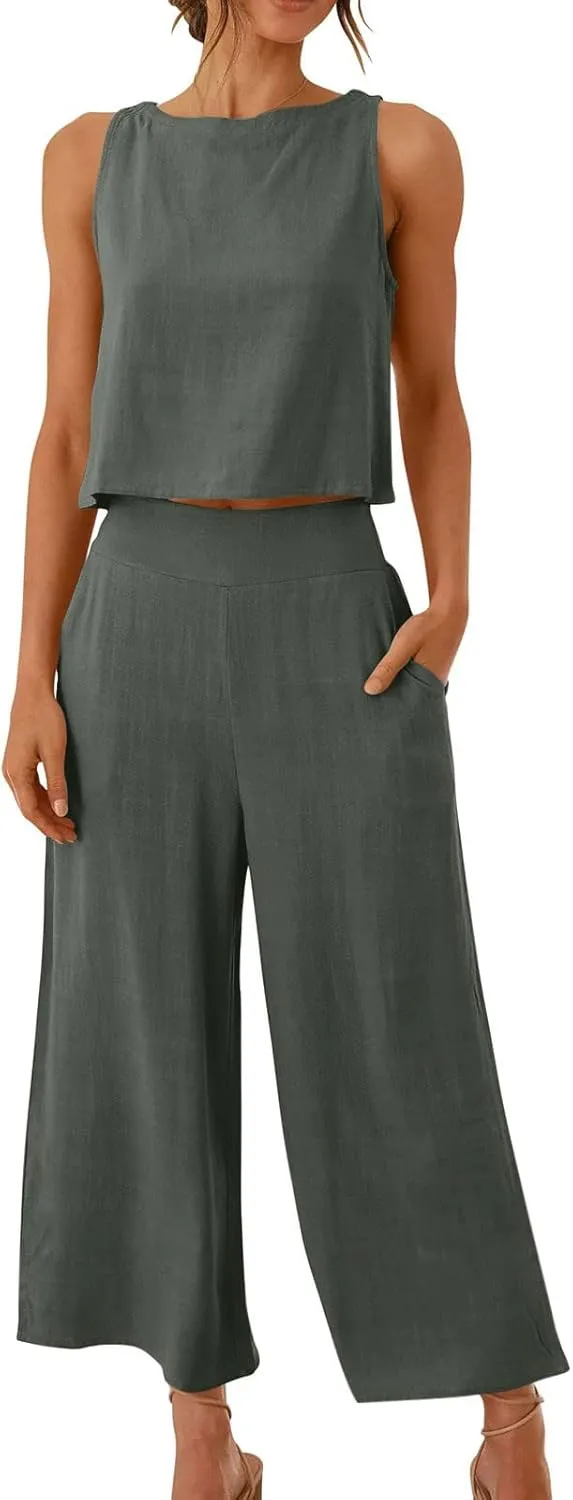 2 Piece Sets for Women Trendy 2025 Sleeveless Crop Top Wide Leg Pants Linen Travel Jumpsuit Lounge Beach Outfits