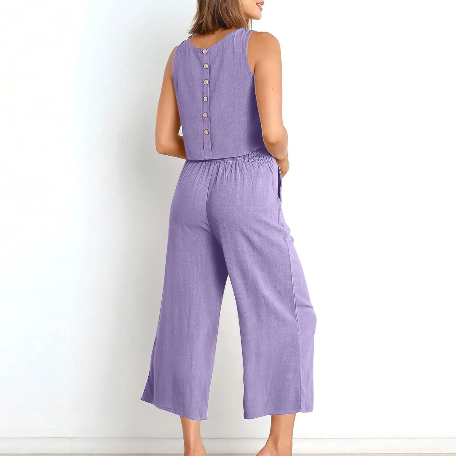 2 Piece Sets for Women Trendy 2025 Sleeveless Crop Top Wide Leg Pants Linen Travel Jumpsuit Lounge Beach Outfits