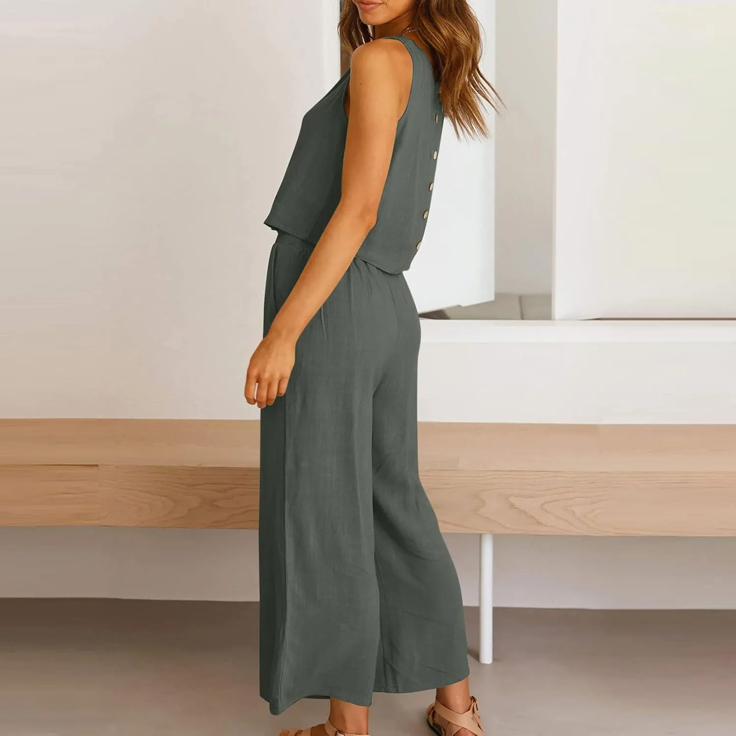2 Piece Sets for Women Trendy 2025 Sleeveless Crop Top Wide Leg Pants Linen Travel Jumpsuit Lounge Beach Outfits