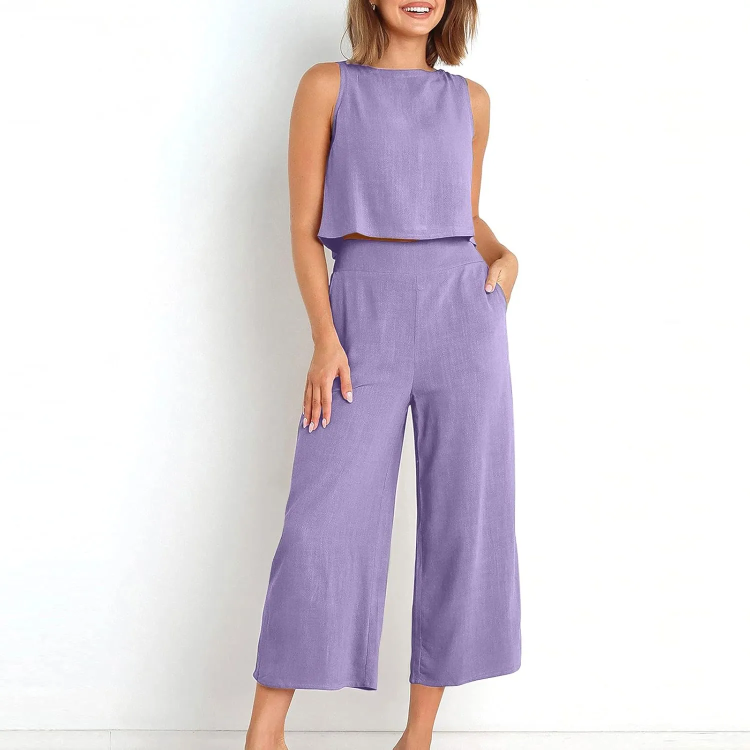 2 Piece Sets for Women Trendy 2025 Sleeveless Crop Top Wide Leg Pants Linen Travel Jumpsuit Lounge Beach Outfits