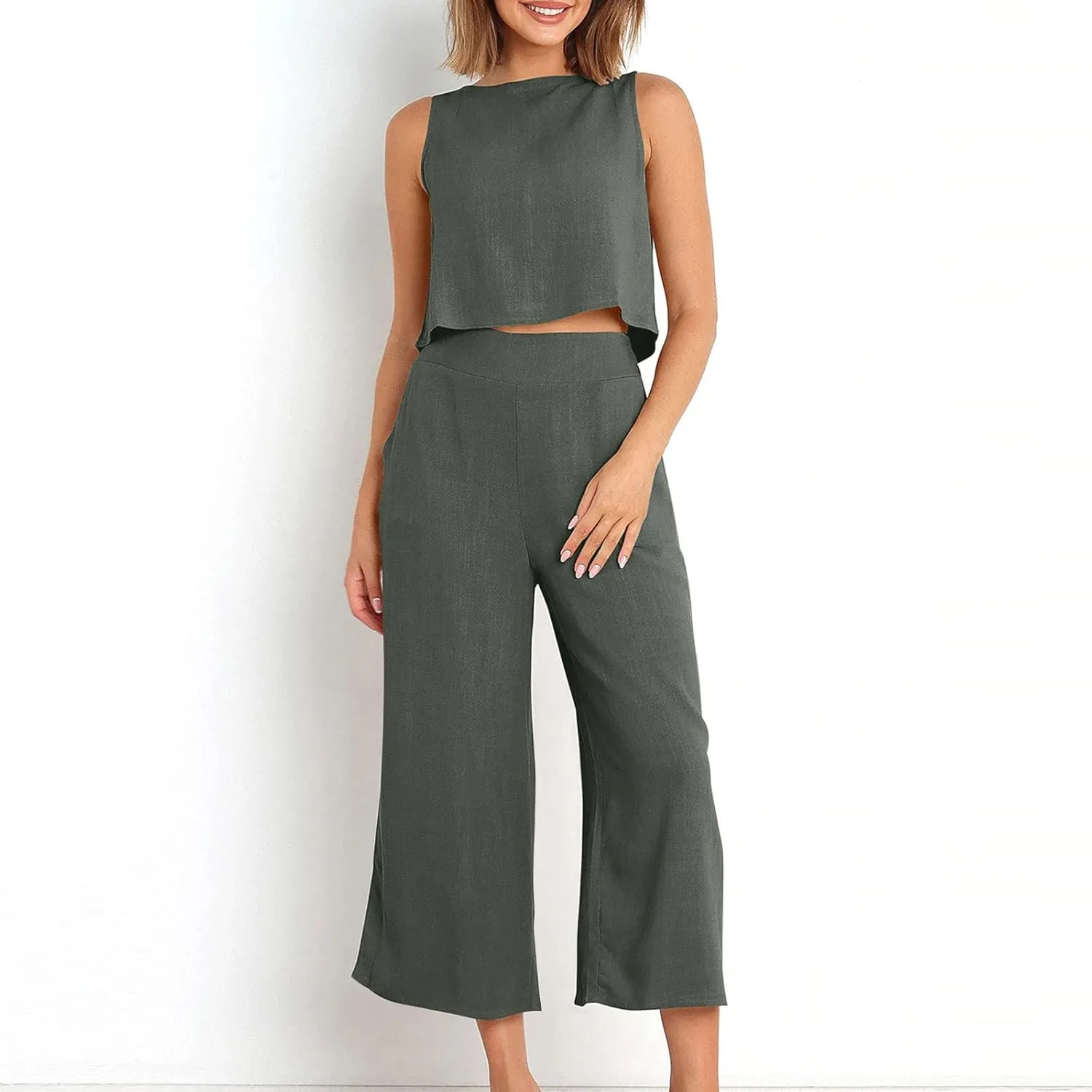 2 Piece Sets for Women Trendy 2025 Sleeveless Crop Top Wide Leg Pants Linen Travel Jumpsuit Lounge Beach Outfits