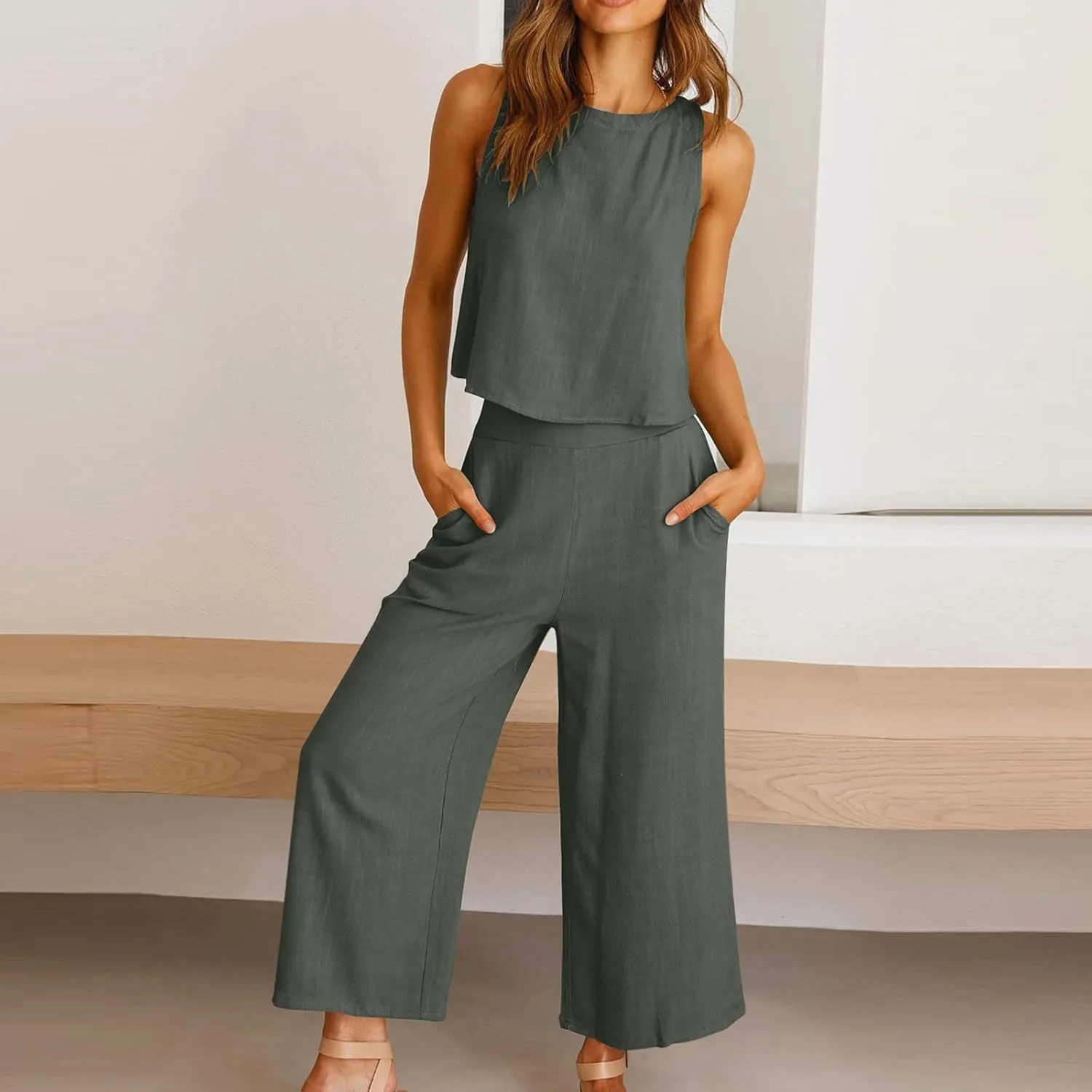 2 Piece Sets for Women Trendy 2025 Sleeveless Crop Top Wide Leg Pants Linen Travel Jumpsuit Lounge Beach Outfits