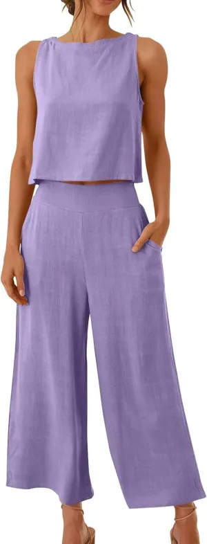 2 Piece Sets for Women Trendy 2025 Sleeveless Crop Top Wide Leg Pants Linen Travel Jumpsuit Lounge Beach Outfits