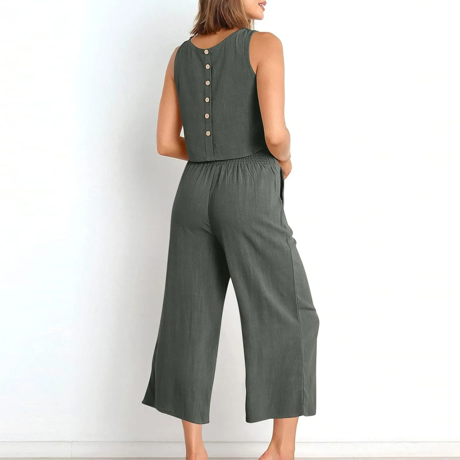 2 Piece Sets for Women Trendy 2025 Sleeveless Crop Top Wide Leg Pants Linen Travel Jumpsuit Lounge Beach Outfits