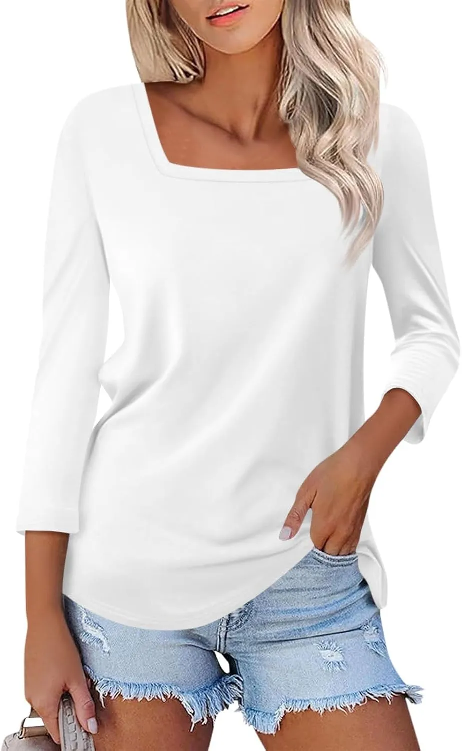 3/4 Length Sleeve Tops Women,Elbow Sleeve Workout Shirts Plain Basic Casual Blouse Square Neck Tunic Top Fall 2024