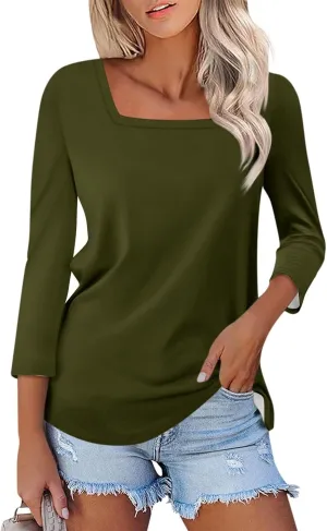 3/4 Length Sleeve Tops Women,Elbow Sleeve Workout Shirts Plain Basic Casual Blouse Square Neck Tunic Top Fall 2024