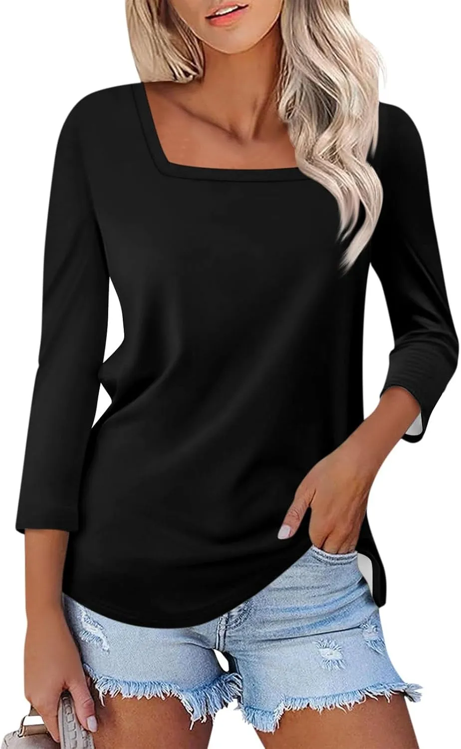 3/4 Length Sleeve Tops Women,Elbow Sleeve Workout Shirts Plain Basic Casual Blouse Square Neck Tunic Top Fall 2024