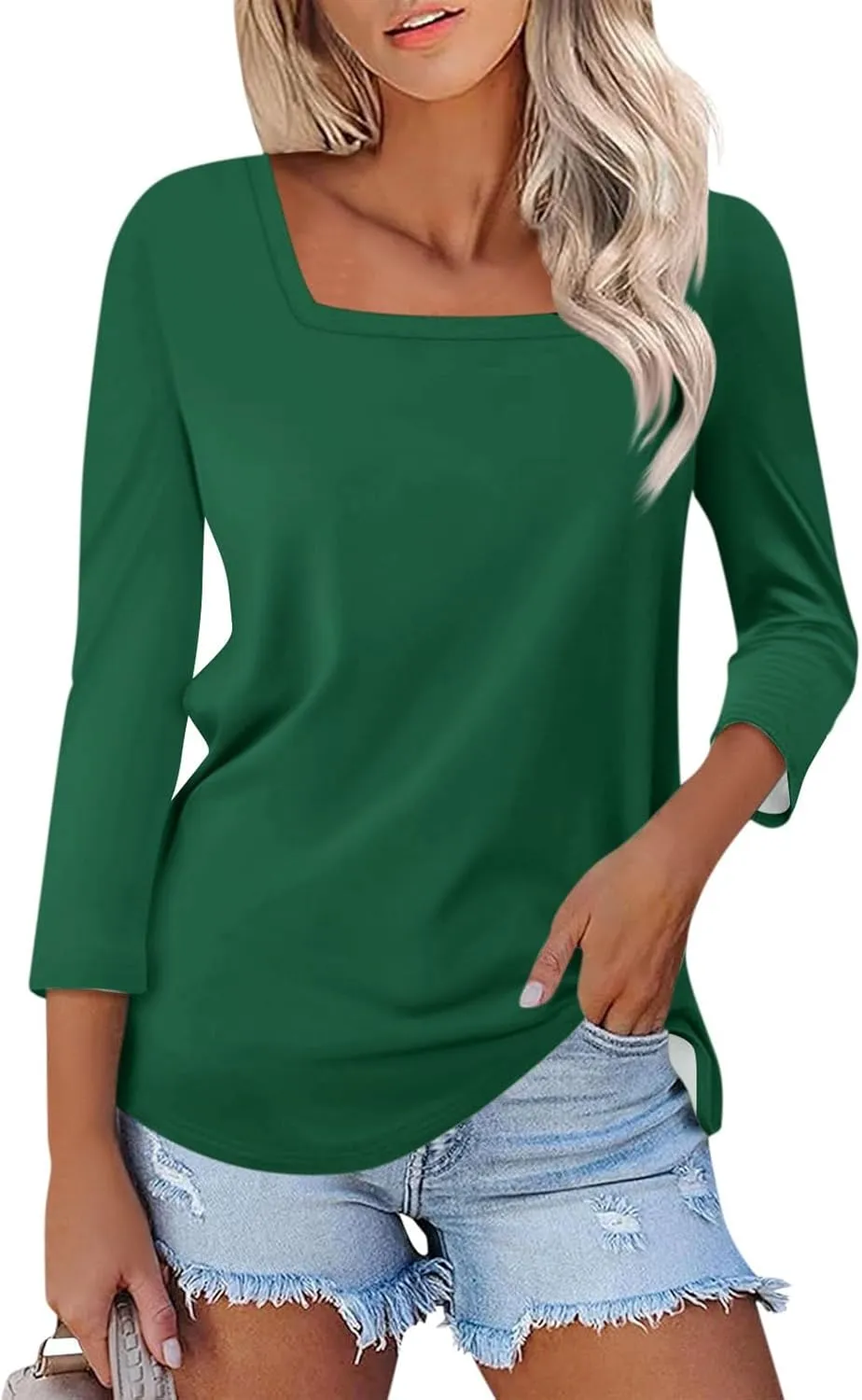 3/4 Length Sleeve Tops Women,Elbow Sleeve Workout Shirts Plain Basic Casual Blouse Square Neck Tunic Top Fall 2024