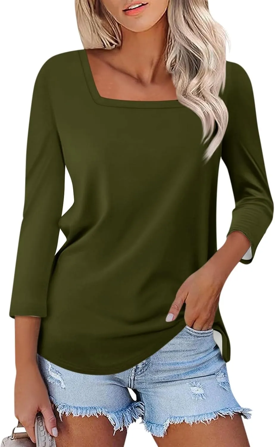 3/4 Length Sleeve Tops Women,Elbow Sleeve Workout Shirts Plain Basic Casual Blouse Square Neck Tunic Top Fall 2024