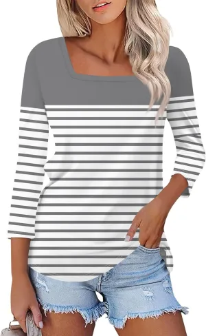 3/4 Length Sleeve Womens Tops,Basic Striped Tshirts Shirts Summer 2024 Gym Blouse Plus Size Athletic Tunic Top