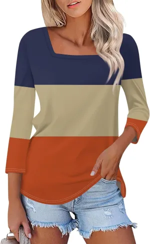 3/4 Length Sleeve Womens Tops,Basic Striped Tshirts Shirts Summer 2024 Gym Blouse Plus Size Athletic Tunic Top