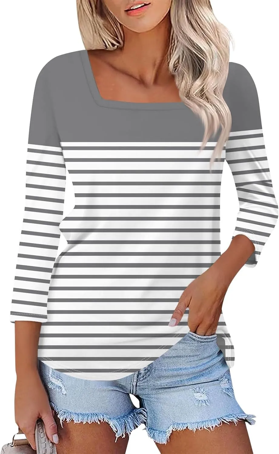3/4 Length Sleeve Womens Tops,Basic Striped Tshirts Shirts Summer 2024 Gym Blouse Plus Size Athletic Tunic Top