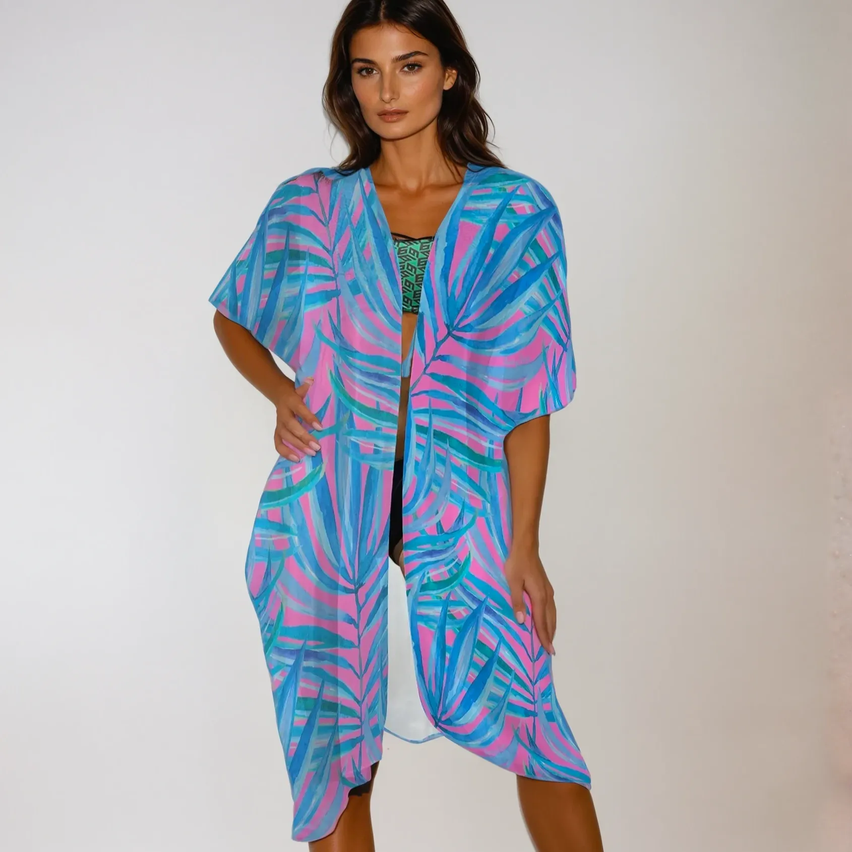 3/4 Sleeve Kimono Swimsuit Cover-up, Blue Palm Paradise
