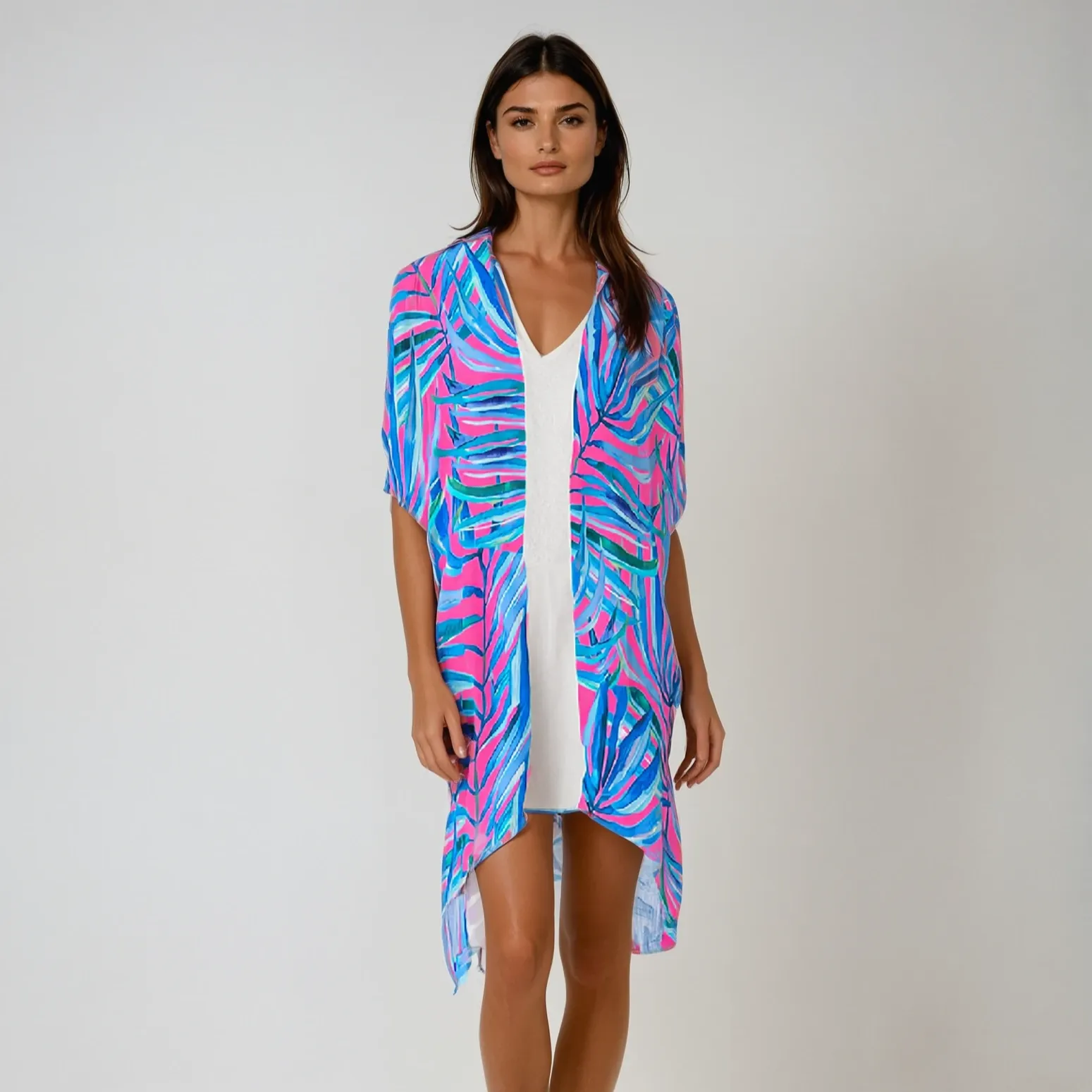 3/4 Sleeve Kimono Swimsuit Cover-up, Blue Palm Paradise