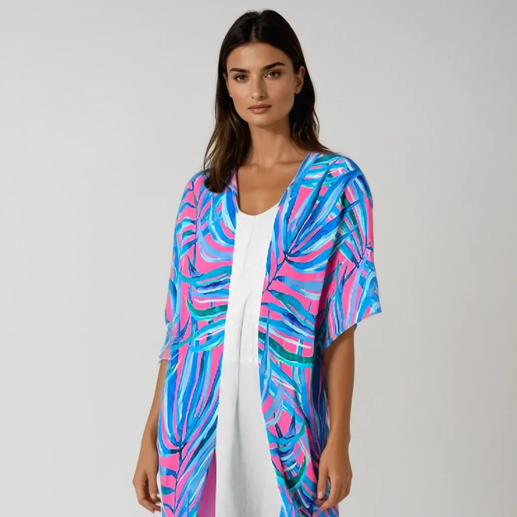 3/4 Sleeve Kimono Swimsuit Cover-up, Blue Palm Paradise