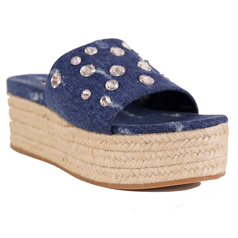 38 NEW $670 MIU MIU Blue Denim CRYSTAL JEWELED Jute PLATFORM ESPADRILLES SANDALS