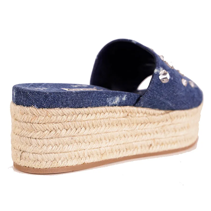 38 NEW $670 MIU MIU Blue Denim CRYSTAL JEWELED Jute PLATFORM ESPADRILLES SANDALS