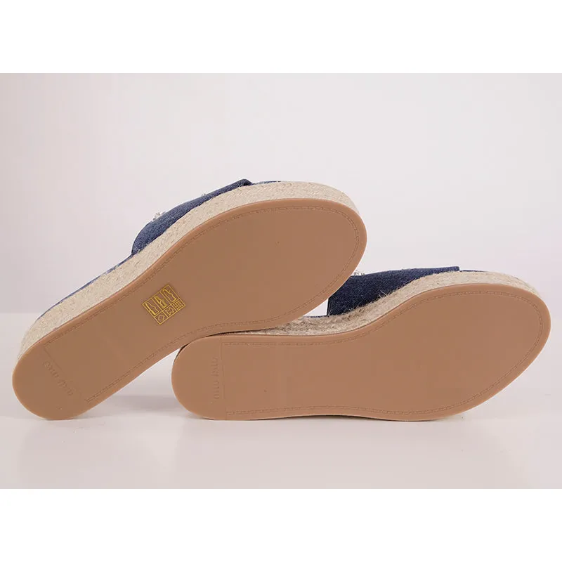 38 NEW $670 MIU MIU Blue Denim CRYSTAL JEWELED Jute PLATFORM ESPADRILLES SANDALS