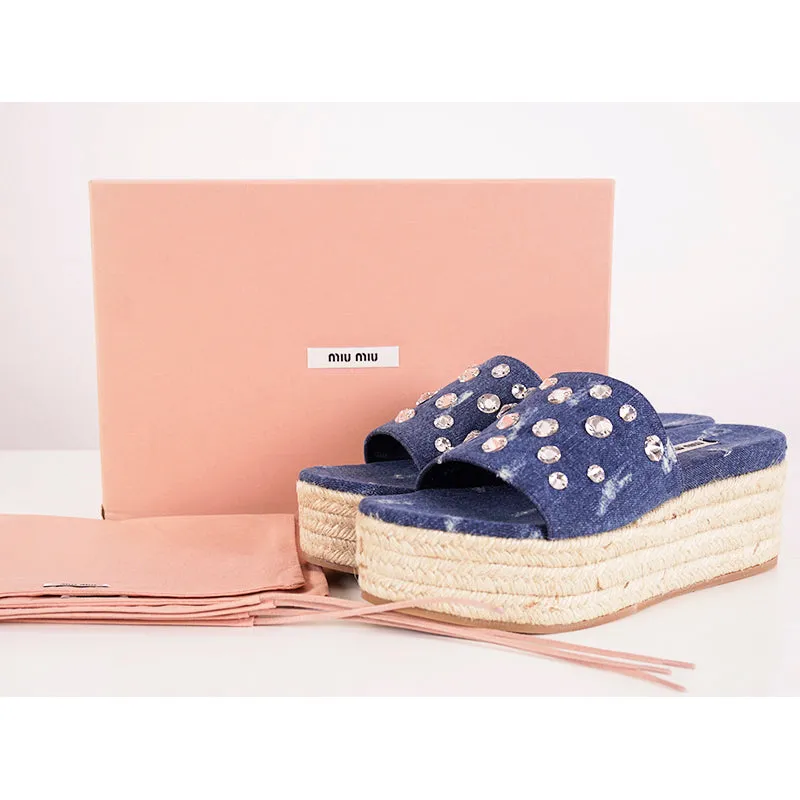 38 NEW $670 MIU MIU Blue Denim CRYSTAL JEWELED Jute PLATFORM ESPADRILLES SANDALS