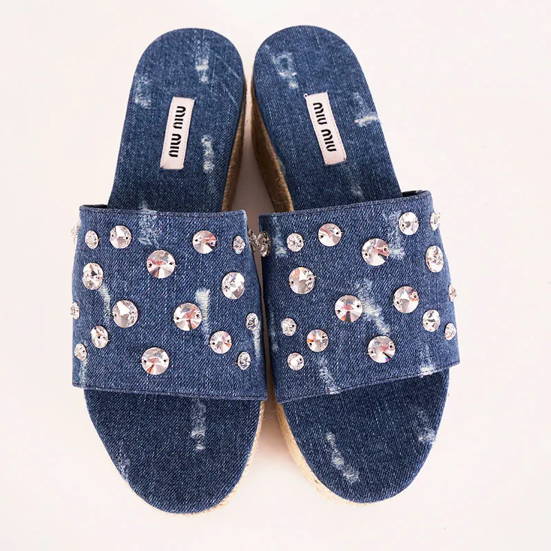 38 NEW $670 MIU MIU Blue Denim CRYSTAL JEWELED Jute PLATFORM ESPADRILLES SANDALS