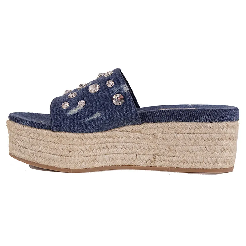 38 NEW $670 MIU MIU Blue Denim CRYSTAL JEWELED Jute PLATFORM ESPADRILLES SANDALS