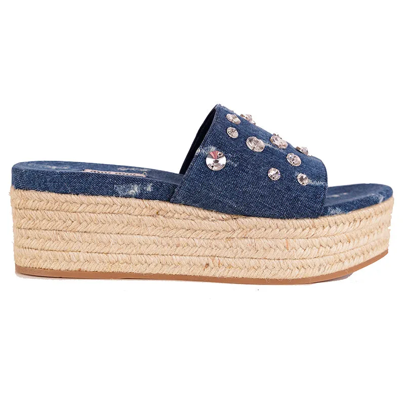 38 NEW $670 MIU MIU Blue Denim CRYSTAL JEWELED Jute PLATFORM ESPADRILLES SANDALS