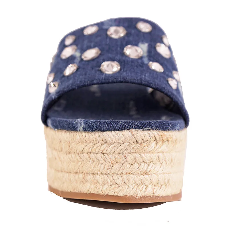 38 NEW $670 MIU MIU Blue Denim CRYSTAL JEWELED Jute PLATFORM ESPADRILLES SANDALS