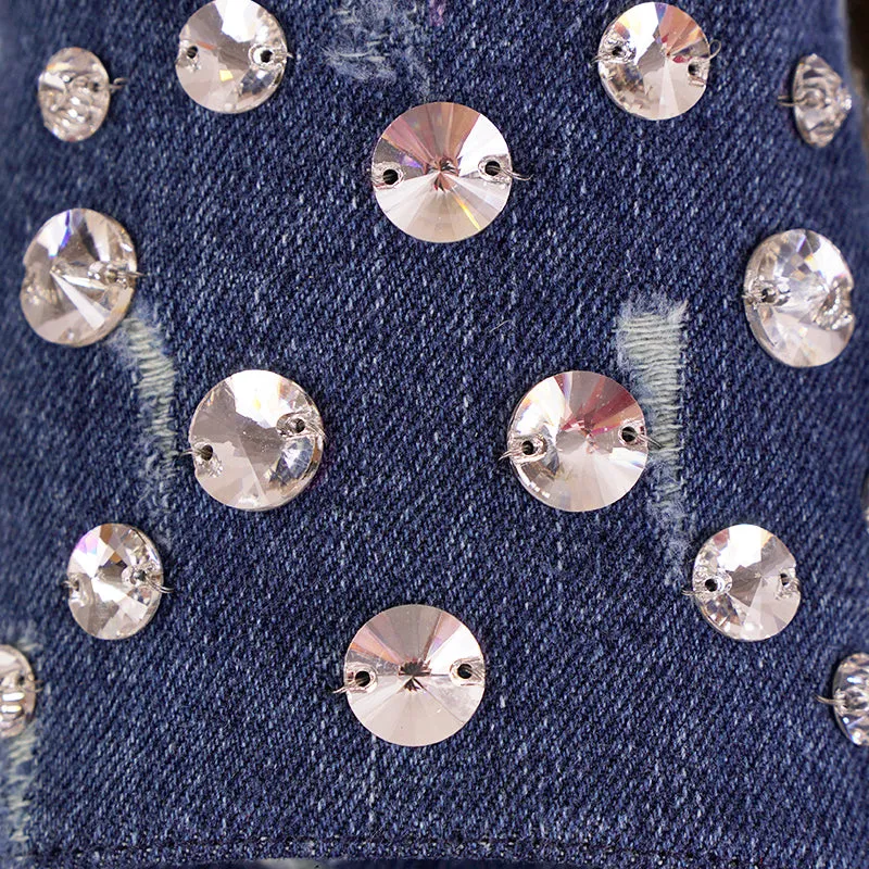 38 NEW $670 MIU MIU Blue Denim CRYSTAL JEWELED Jute PLATFORM ESPADRILLES SANDALS