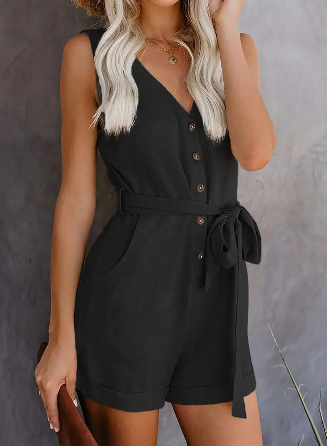 Acelitt Womens Casual Summer Crewneck Ruffle Sleeveless Rompers, XS-XXL