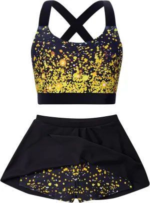 AIDEAONE Girls Swimsuit Two Piece Tankini Skirt Set with Boyshort Summer Beach Bathing Suit Size 6-13