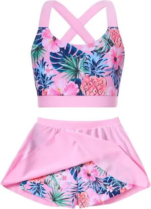 AIDEAONE Girls Swimsuit Two Piece Tankini Skirt Set with Boyshort Summer Beach Bathing Suit Size 6-13