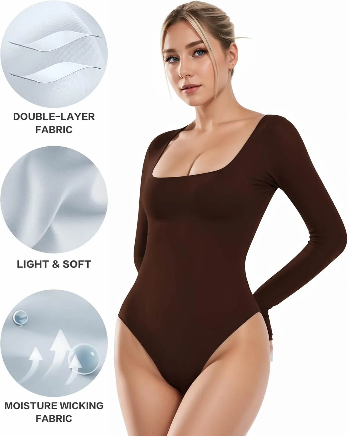 ALGALAROUND Women's Square Neck Long Sleeve Bodysuit Sexy Body Suit Tops Double Lined Curve Embracing