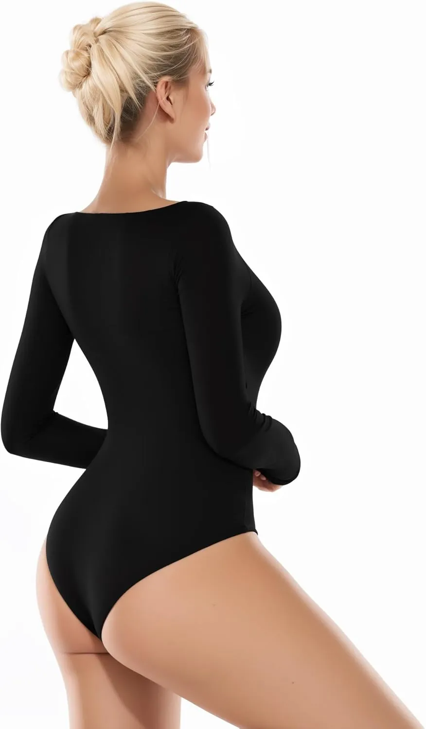 ALGALAROUND Women's Square Neck Long Sleeve Bodysuit Sexy Body Suit Tops Double Lined Curve Embracing