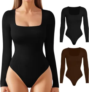 ALGALAROUND Women's Square Neck Long Sleeve Bodysuit Sexy Body Suit Tops Double Lined Curve Embracing