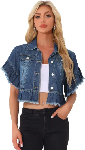 Allegra K Denim Jacket for Women's Button Down Ruffled Short Sleeve Lightweight Peplum Hem Jean Jacket