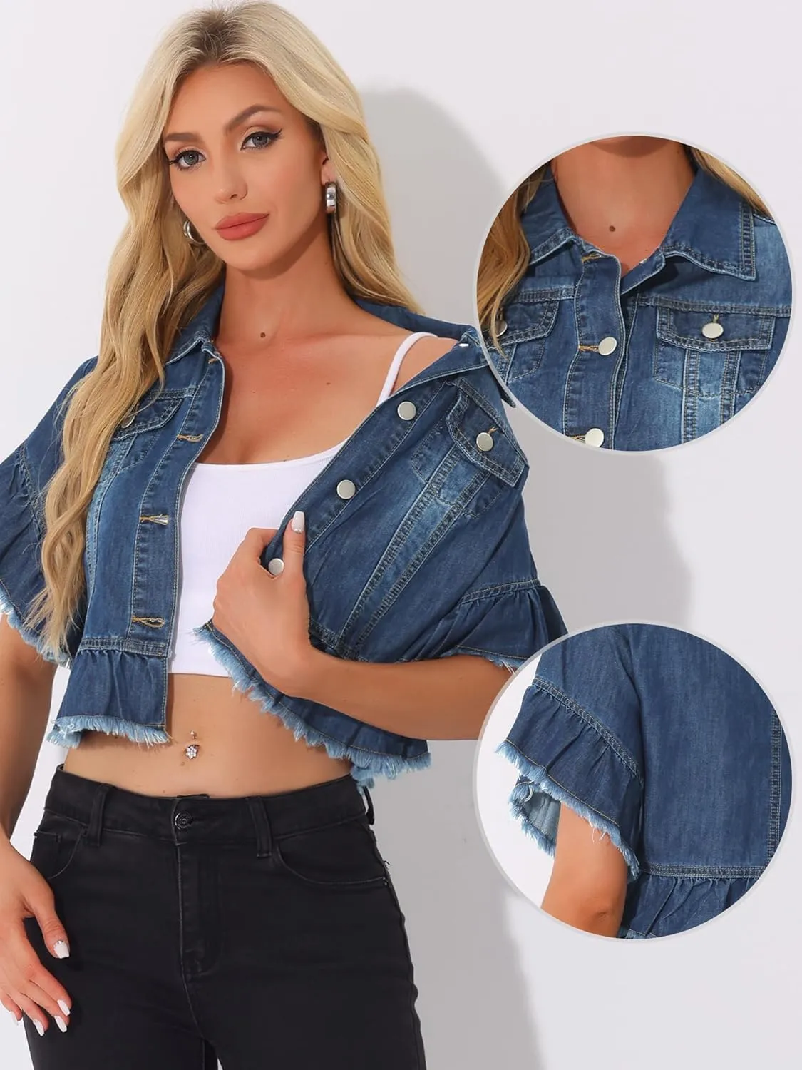 Allegra K Denim Jacket for Women's Button Down Ruffled Short Sleeve Lightweight Peplum Hem Jean Jacket