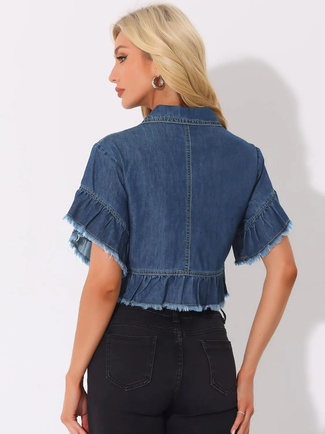 Allegra K Denim Jacket for Women's Button Down Ruffled Short Sleeve Lightweight Peplum Hem Jean Jacket