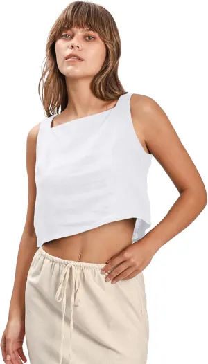 Amazhiyu Womens 100% Linen Summer Square Neck Sleeveless Back Keyhole Crop Tops
