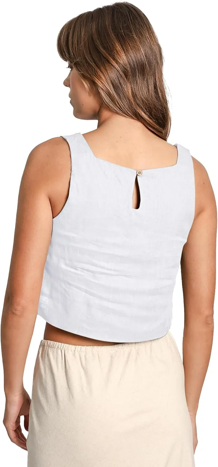 Amazhiyu Womens 100% Linen Summer Square Neck Sleeveless Back Keyhole Crop Tops
