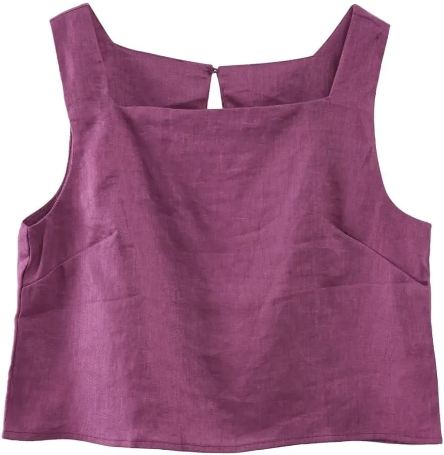 Amazhiyu Womens 100% Linen Summer Square Neck Sleeveless Back Keyhole Crop Tops