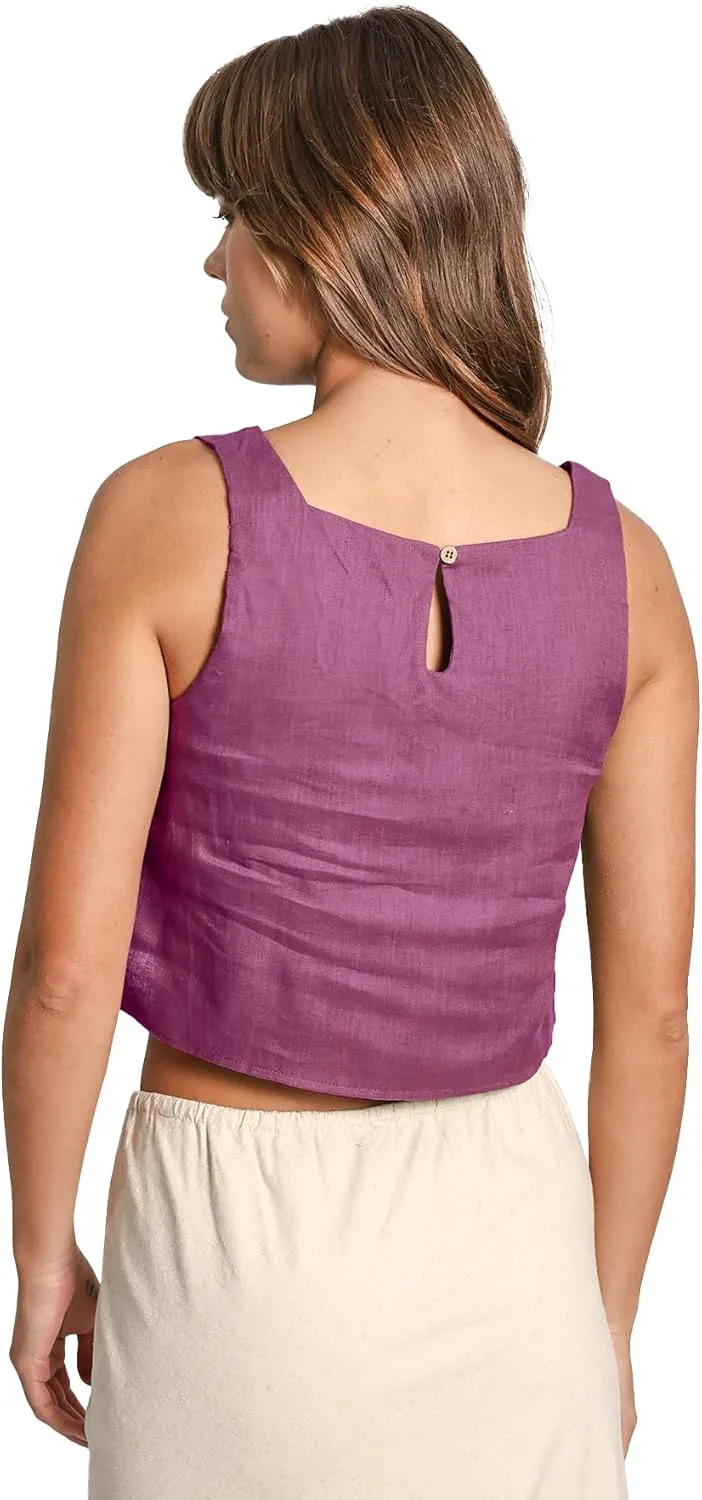 Amazhiyu Womens 100% Linen Summer Square Neck Sleeveless Back Keyhole Crop Tops