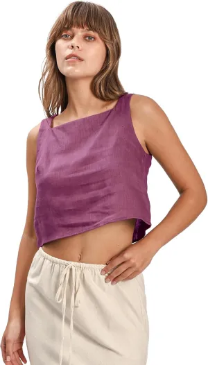 Amazhiyu Womens 100% Linen Summer Square Neck Sleeveless Back Keyhole Crop Tops