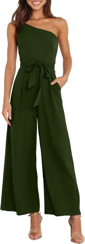 ANRABESS Women Summer Dressy Jumpsuits One Shoulder Sleeveless Casual Wide Leg Pants Romper Jumper 2025 Trendy Outfits