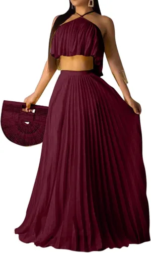 Aro Lora Women's Sexy Chiffon Sleeveless Ruffle Crop Top Pleated Long Skirt 2 Piece Maxi Dress